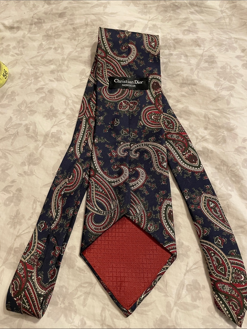 Christian Dior Navy Silk Paisley Tie with Red Accent